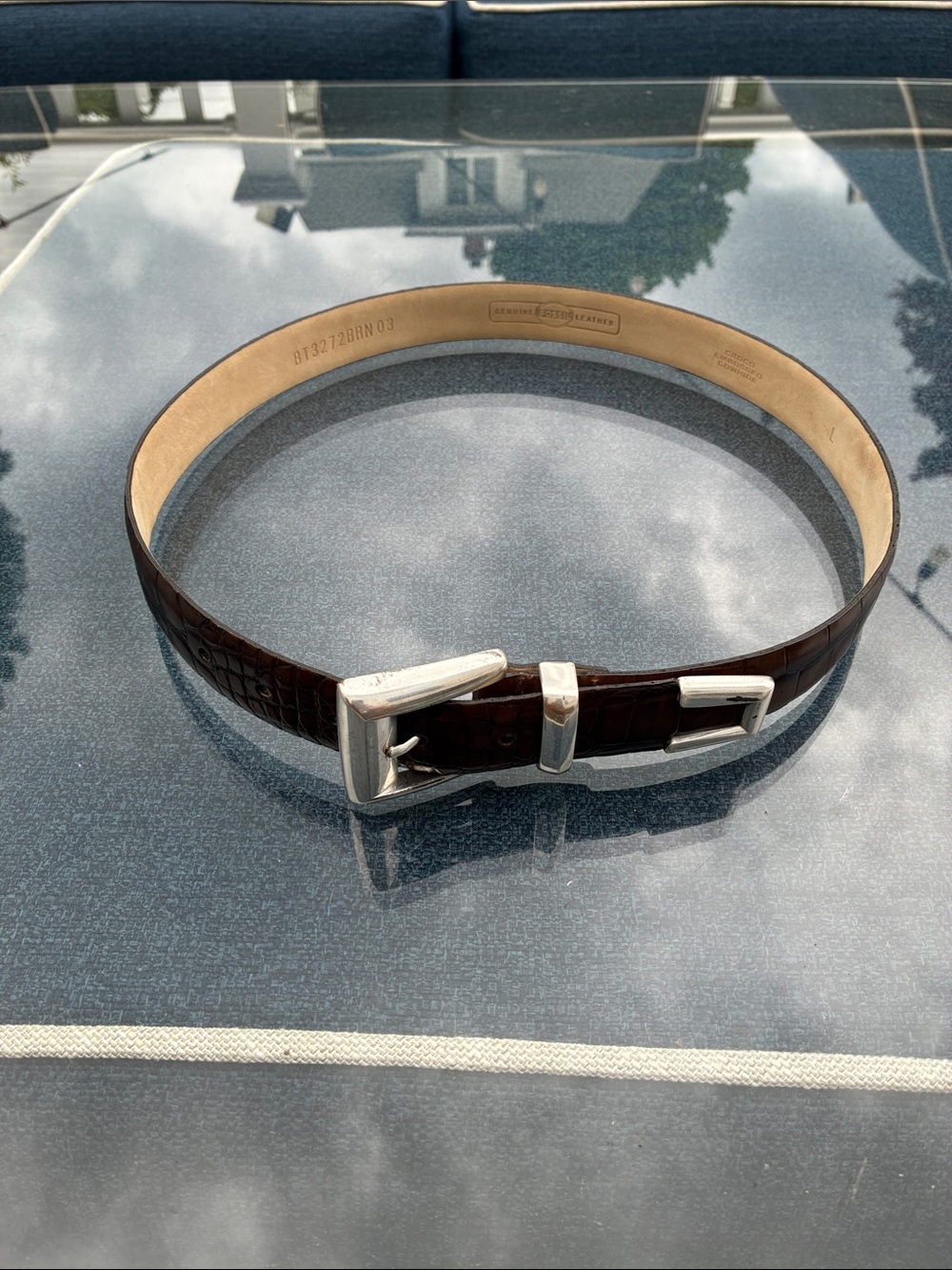 Fossil croc embossed Men's Dark Brown Leather Dress Belt with Silver Buckle